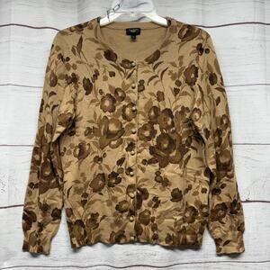 Talbots Floral Angora Blend Cardigan Sweater Brown Tan Petite Large Vintage